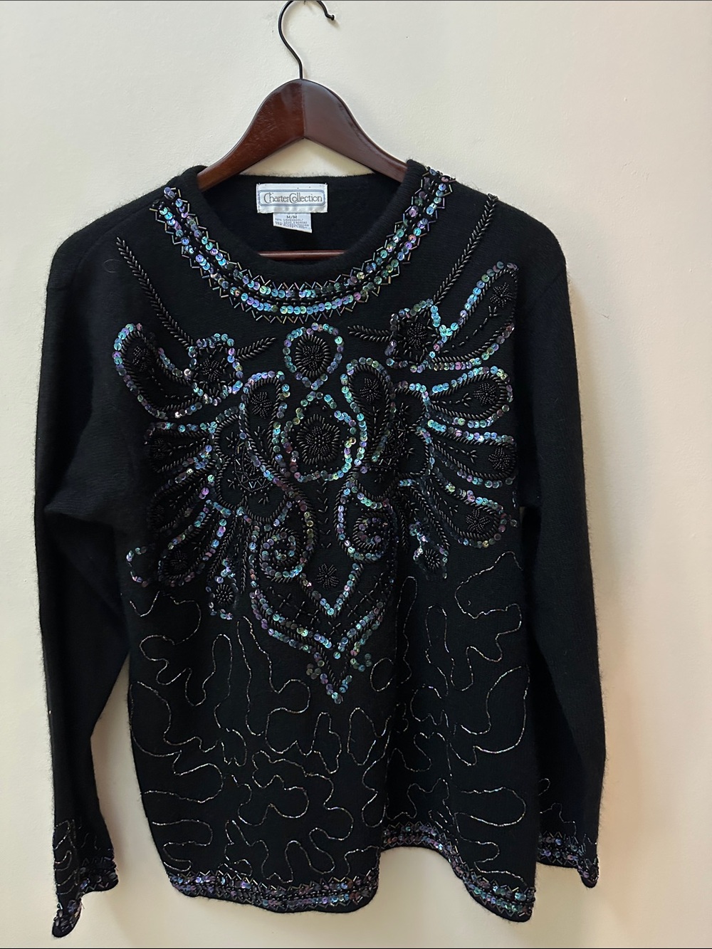 Black Embellished Crewneck Sweater with Iridescent Sequins - Picture 4 of 12
